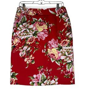 Emerge Red Floral Cotton Pencil Skirt Sz 12 Career, Classic